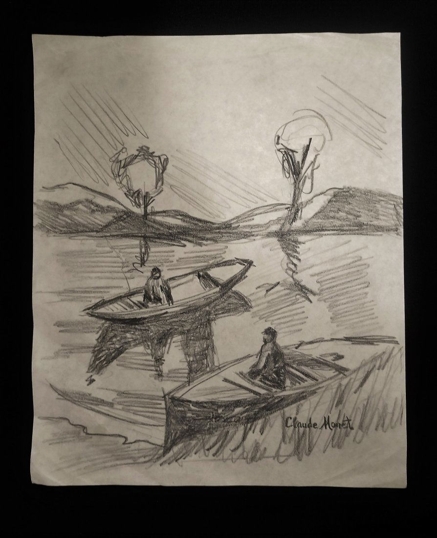 Claudet Monet Landscape Boats French Art -Style of: This lot consists of a hand-drawn landscape graphite on paper impressionist in the style of Clause Monet. The illustration depicts a landscape with boats. Oscar Clause Monet (14 November 1840 - 5 Dece