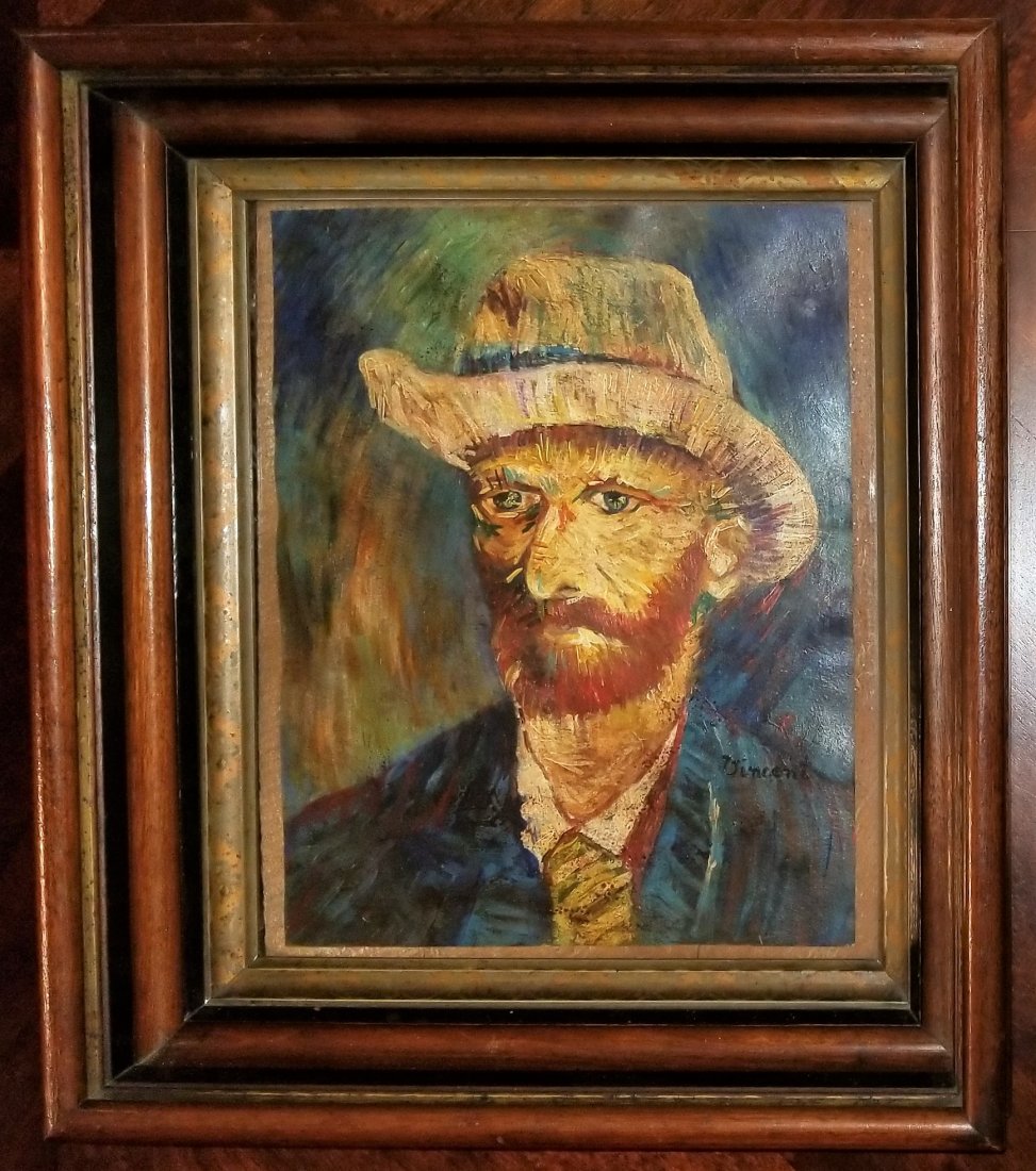 Vincent Van Gogh hand painted Impressionist -.Style of: This lot consists of a hand-painted mixed media on board portrait on paper. It depicts a man that looks like the artist himself as it was usual. Self portrait in the style of: Vincent Van Gogh (Dutch: