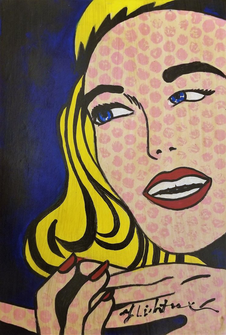 Roy Lichtenstein Mixed Media American Pop Art -Style of: This lot consists of a hand painted mixed media Pop Art Women Portrait in the style of Roy Lichtenstein. It depicts a woman in pop art style as it was standard with this artist. Roy Fox Lichtenstein (