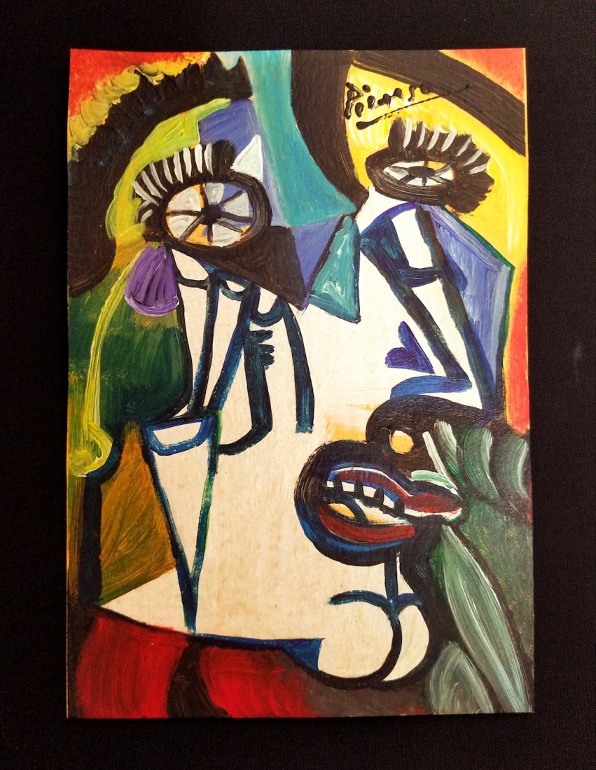 Pablo Picasso Spanish Mixed Media Art Cubism - Style of: This lot consists of a hand-painted mixed media on paper illustration (9in x 6in). The colorful image depicts a cubist portrait, one of the main styles for which the artist was known. The lot is in th
