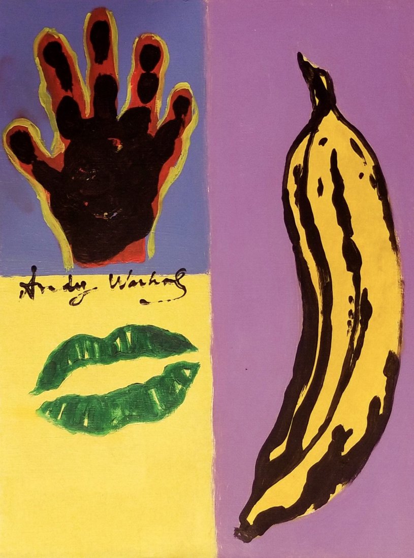 Andy Warhol American Pop Art American; Style of: This lot consists of a small, hand-painted mixed media pop art with colorful vibrant colors. Painting is in the distinct style of Andy Warhol. Andrew was born Andrew Warhola; August 6, 1928 - February