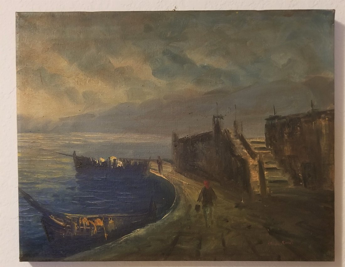 Claudet Monet Landscape Seascape Port Boats - Style of.: This lot consists of a hand painted landscape mixed media on canvas. It is an old framed painting in the Impressionist style of Claude Monet. As you can see in picture #4 the painting has a writing th