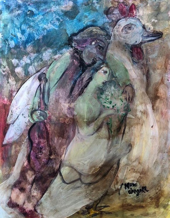 Marc Chagall Russian French Abstract Modernist-Style of: This lot consists of a hand painted mixed media on paper in the style of Marc Zakharovich Chagall was a Russian-French artist of Belarusian Jewish origin. An early modernist, he was associated with se