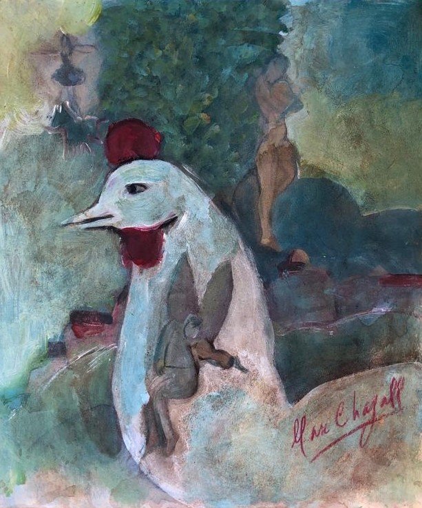 Marc Chagall Russian French Abstract Modernist-Style of: This lot consists of a hand painted mixed media on paper in the style of Marc Zakharovich Chagall was a Russian-French artist of Belarusian Jewish origin. An early modernist, he was associated with se