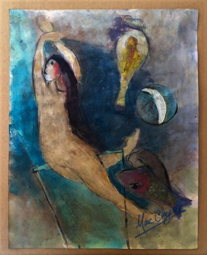 Marc Chagall Russian French Abstract Women-Style of: This lot consists of a hand painted mixed media on paper in the style of Marc Zakharovich Chagall was a Russian-French artist of Belarusian Jewish origin. An early modernist, he was associated with se