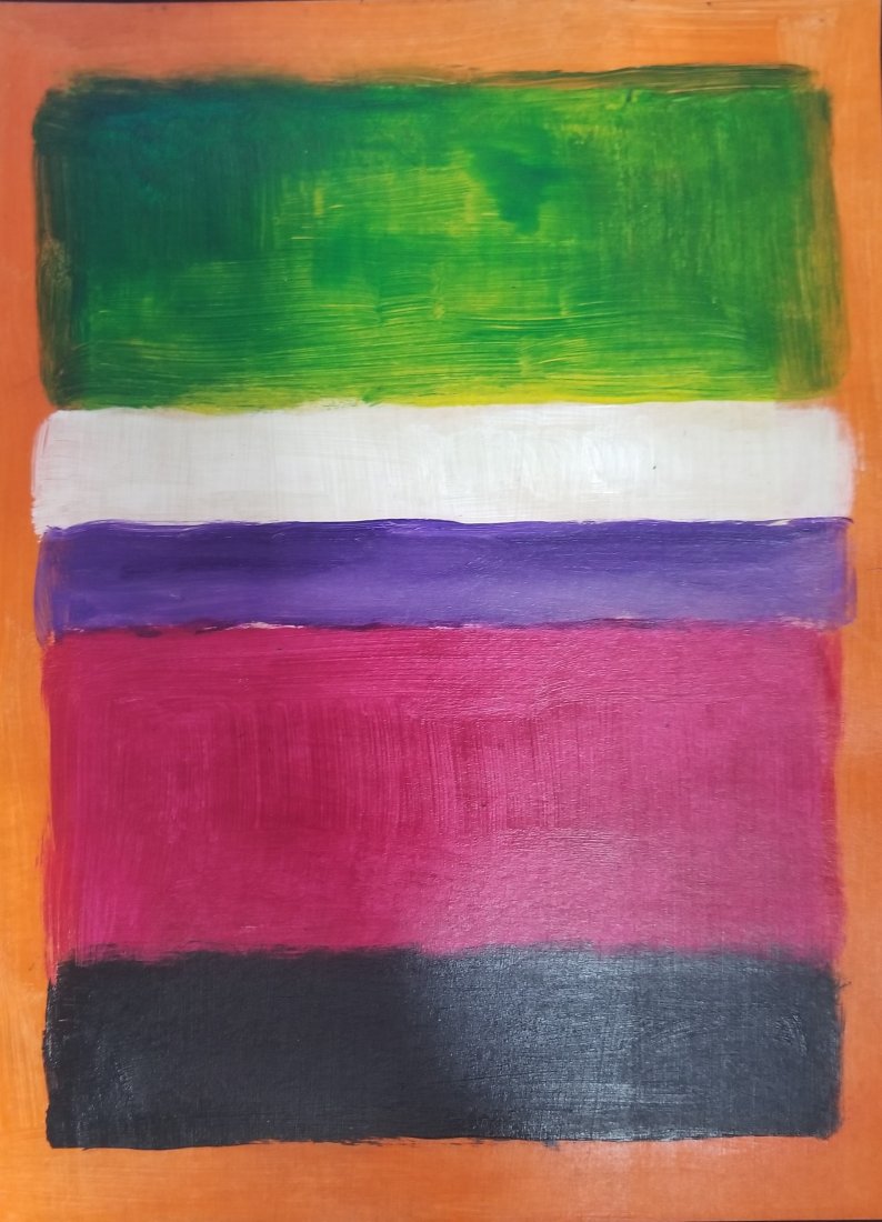 Mark Rothko Abstract Expressionism American -Style of: This work consists of a hand-painted mixed media on paper over cardboard illustration. Image depicts soft, rectangular forms floating on a stained field of color. This painting is done in the style of