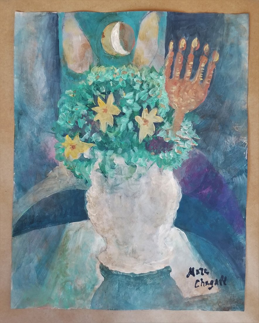 Marc Chagall Mixed French Abstract Still life-Style of: This lot consists of a hand painted mixed media on paper in the style of Marc Zakharovich Chagall was a Russian-French artist of Belarusian Jewish origin. An early modernist, he was associated with se
