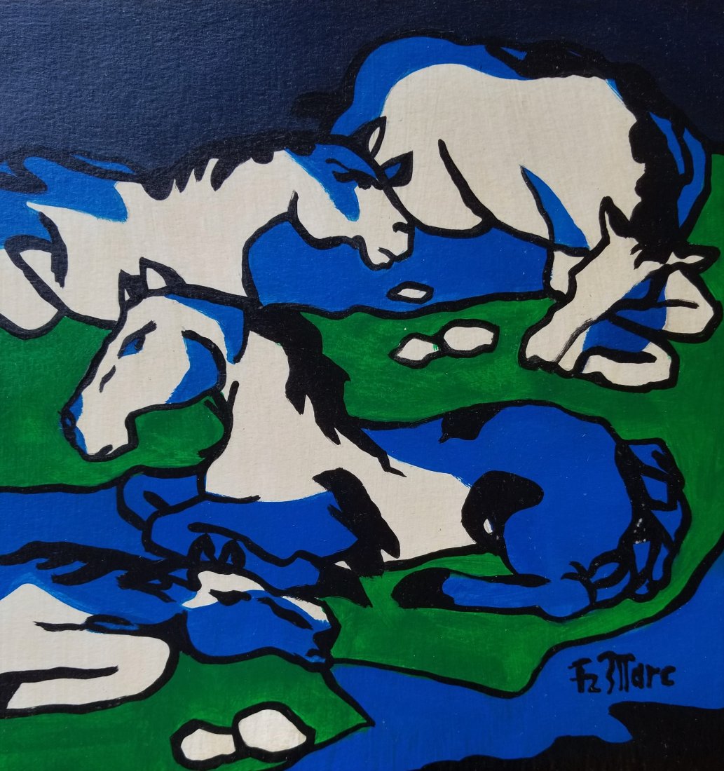 Franz Marc German Figurative Abstract Horses -Style of: This lot consist of a hand painted mixed media on hard paper illustration .The image depicts abstract figurative horses with a green, blue and black background. The painting is done in the style of Fr