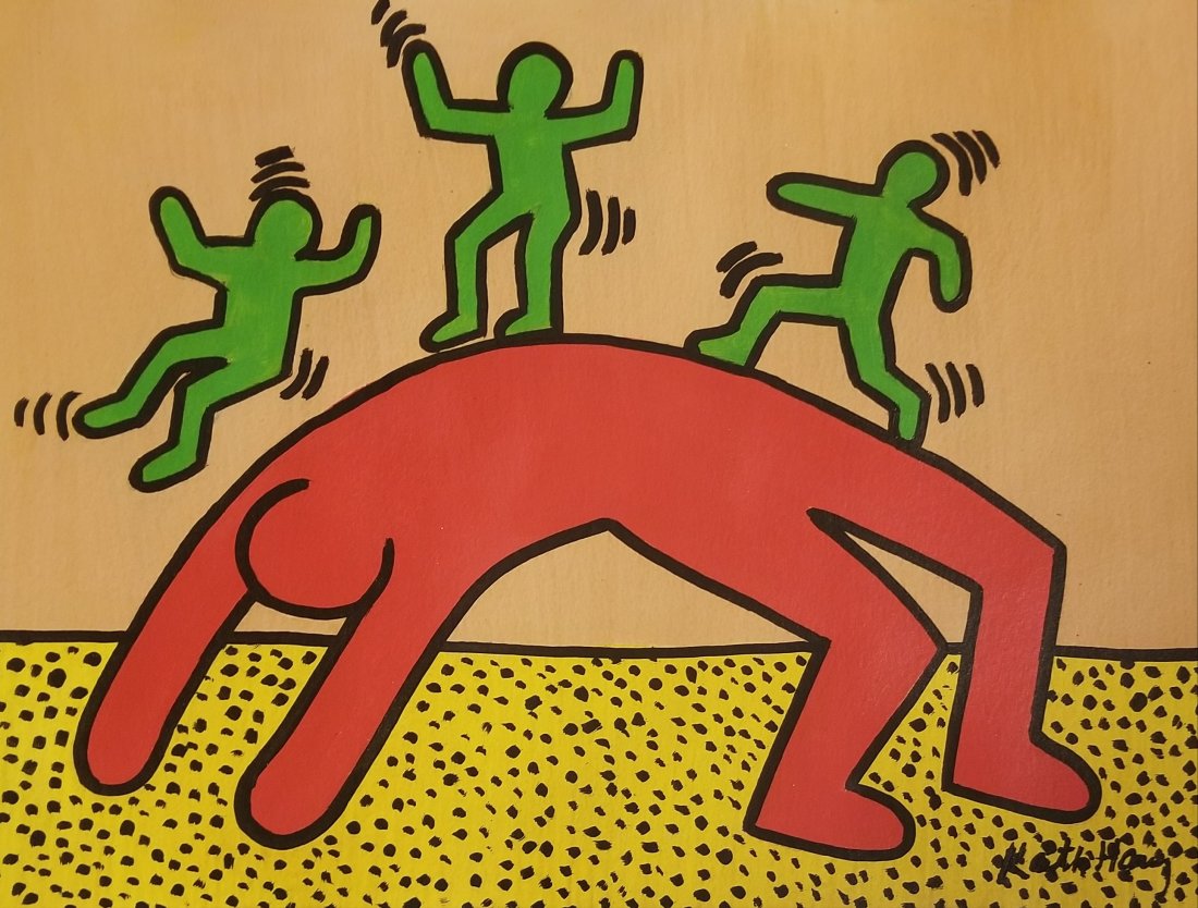 Keith Haring Pop Art American Graffiti NY -Style of.: This lot consists of a medium hand-painted mixed media on paper in the style of Keith Haring (American, 1958-1990). Keith Haring was an American artist and social activist whose work responded to the