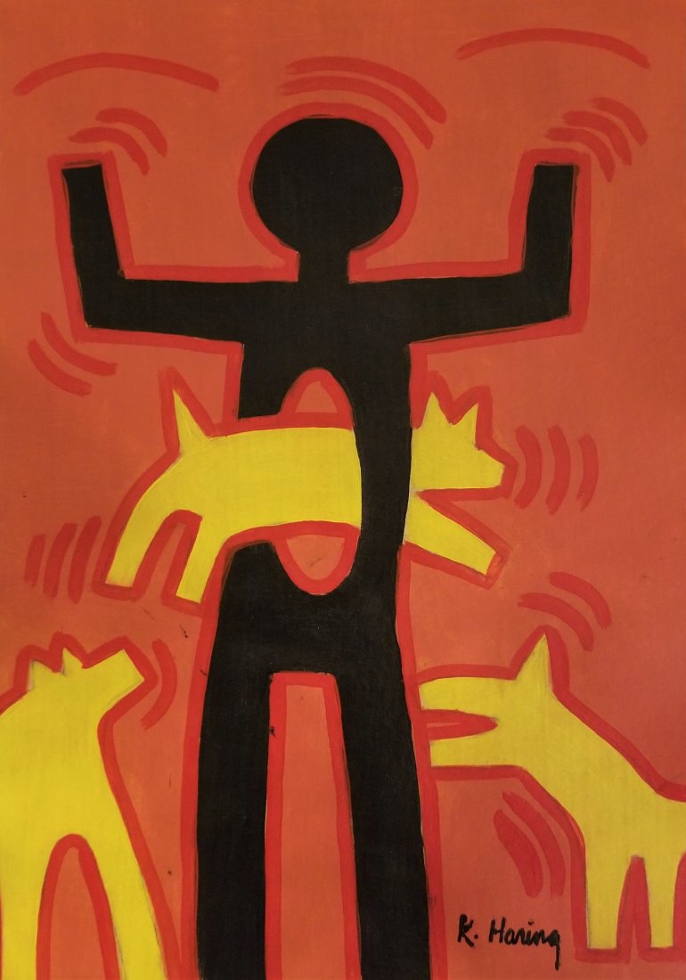 Keith Haring Pop Art American Mixed Media -Style of.: This lot consists of a medium hand-painted mixed media on paper in the style of Keith Haring (American, 1958-1990). Keith Haring was an American artist and social activist whose work responded to the