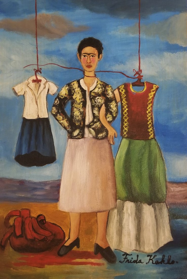 Frida Kahlo hand painted Mexican Art 1907-1950-Style of: This lot consists of a hand painted mixed media on hard paper in the naïve folk style of Frida Kahlo. Frida Kahlo de Rivera was a Mexican painter known for her self-portraits. Kahlo\'s life began and