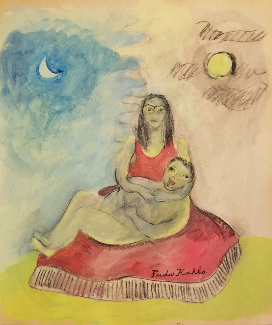 Frida Kahlo hand painted Mexican Art 1907-1950-Style of: This lot consists of a hand painted mixed media on hard paper in the naïve folk style of Frida Kahlo. Frida Kahlo de Rivera was a Mexican painter known for her self-portraits. Kahlo\'s life began and