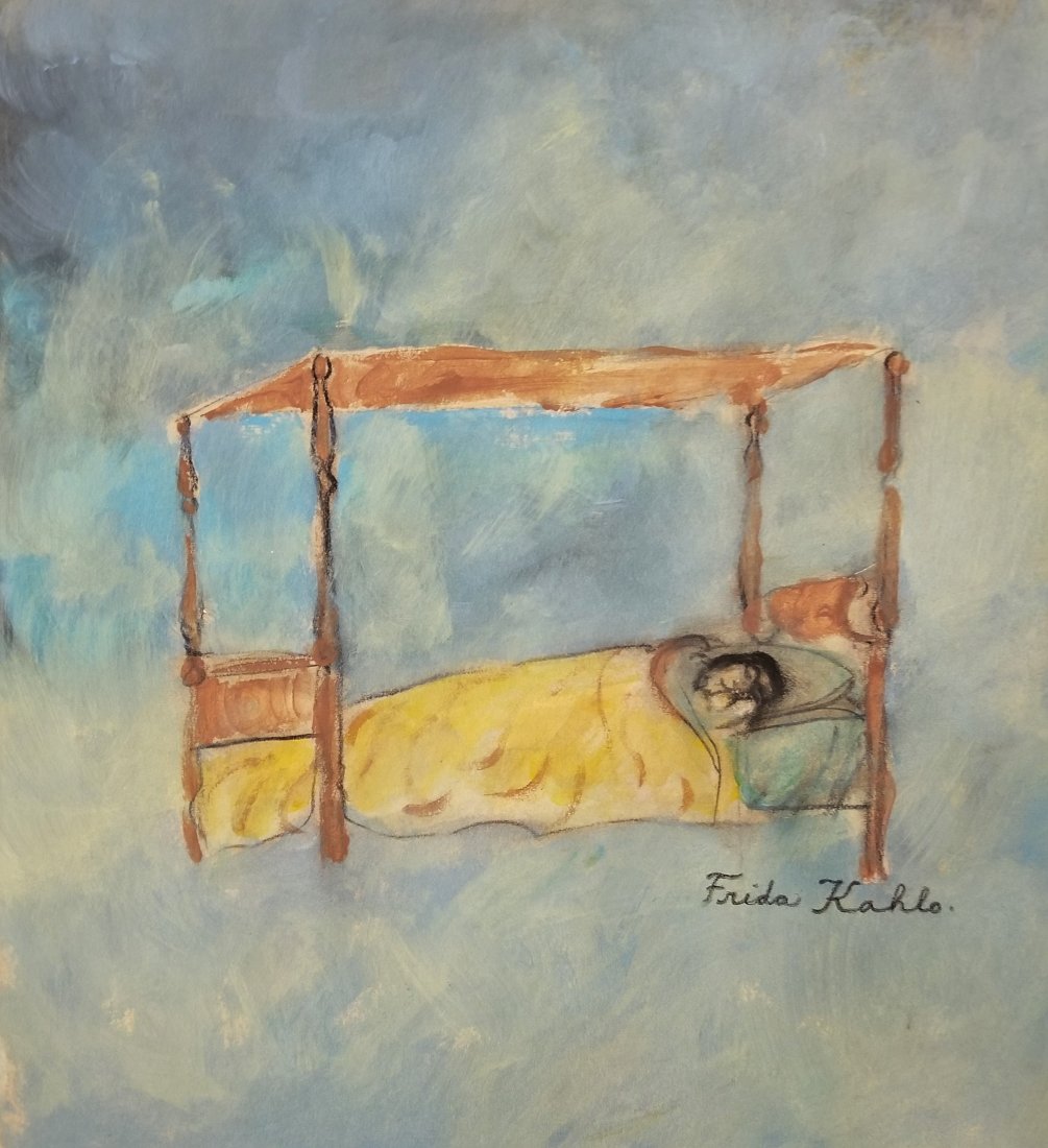 Frida Kahlo hand painted Mexican Art 1907-1950-Style of: This lot consists of a hand painted mixed media on hard paper in the naïve folk style of Frida Kahlo. Frida Kahlo de Rivera was a Mexican painter known for her self-portraits. Kahlo\'s life began and