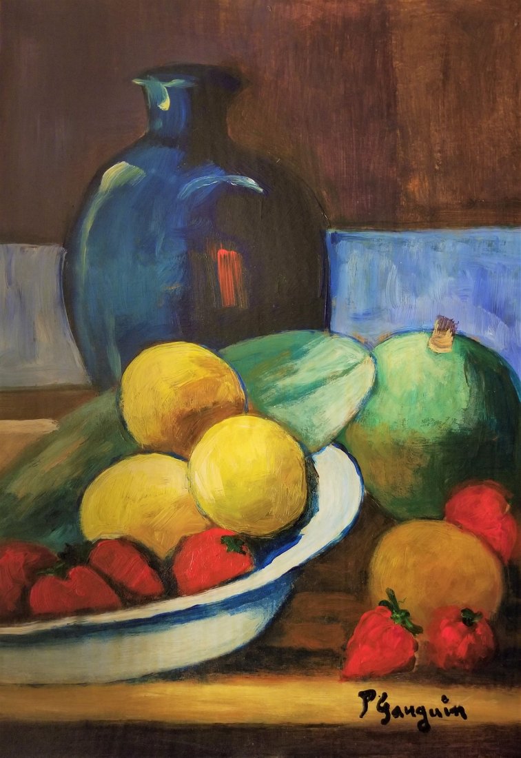 Paul Gauguin French Art Still life French -Style of: This lot consists of a small, hand-painted mixed media on hard paper still life illustration. It depicts a beautiful impressionist still life in Gauguin's distinct style. Attributed Painting to: enri 