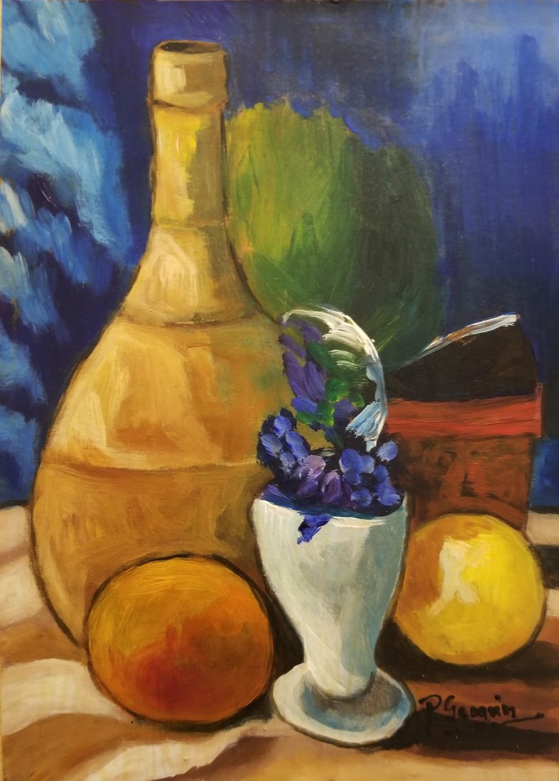 Paul Gauguin French Art Still life French -Style of: This lot consists of a small, hand-painted mixed media on hard paper still life illustration. It depicts a beautiful impressionist still life in Gauguin's distinct style. Attributed Painting to: enri 