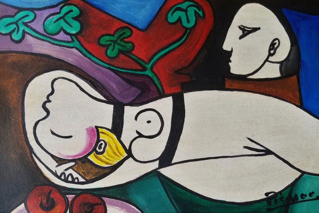 Pablo Picasso Cubism Women Abstract -Style of: This lot consists of a small, hand painted mixed media on paper in the style of Pablo Picasso (Spanish, 1881-1973). Picasso was a Spanish painter, sculptor, printmaker, ceramicist, stage designer, poe