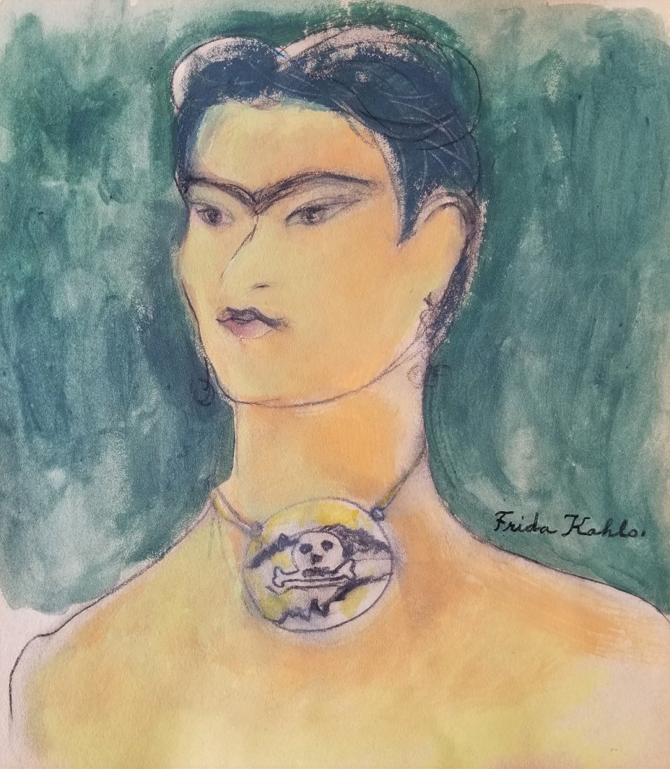 Frida Kahlo hand painted Mexican Art 1907-1950-Style of: This lot consists of a hand painted mixed media on paper in the naïve folk style of Frida Kahlo. Frida Kahlo de Rivera was a Mexican painter known for her self-portraits. Kahlo\'s life began and ende