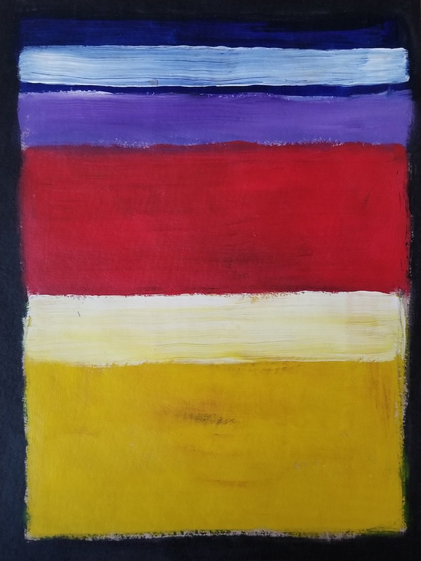 Mark Rothko Abstract Expressionism American -Style of: This work consists of a hand-painted mixed media on paper over cardboard illustration. Image depicts soft, rectangular forms floating on a stained field of color. This painting is done in the style of