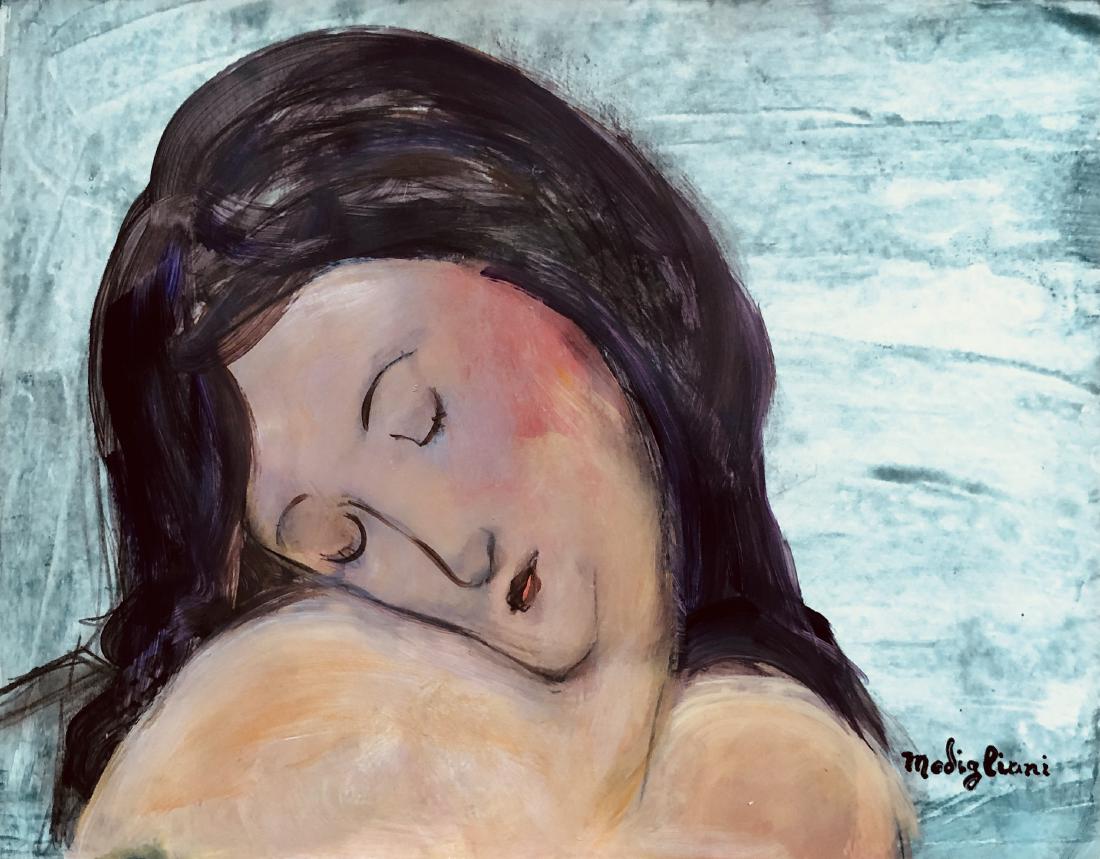 Amedeo Modigliani Expression Woman Style of (1884-1920): This lot consists of a hand painted mixed media on paper in the style of Amedeo Modigliani. It is the portrait of a woman. Amadeo Modigliani (July 1884 - 24 January 1920) was an Italian Jewish painter