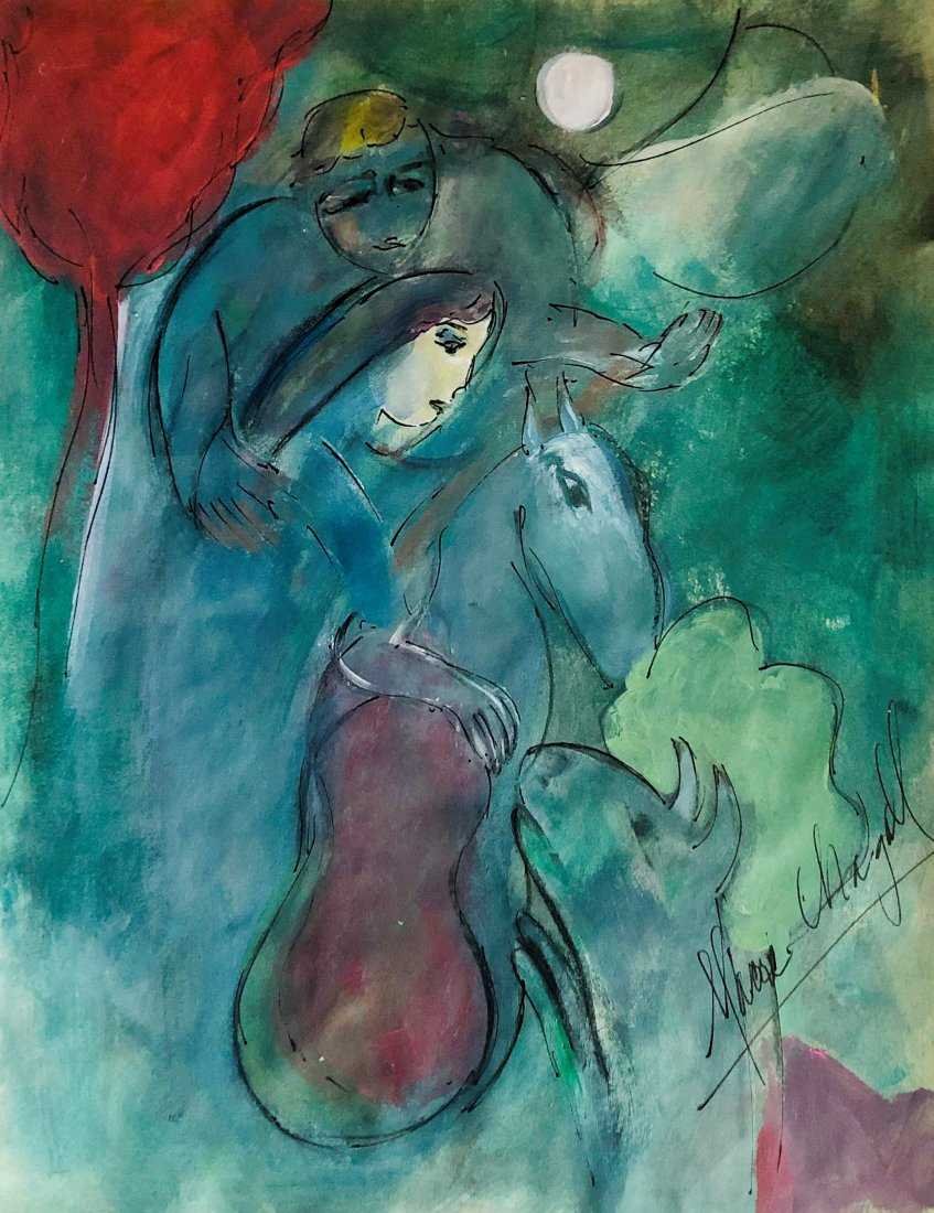 Marc Chagall Russian French Abstract Modernist-Style of: This lot consists of a hand painted mixed media on paper in the style of Marc Zakharovich Chagall was a Russian-French artist of Belarusian Jewish origin. An early modernist, he was associated with se