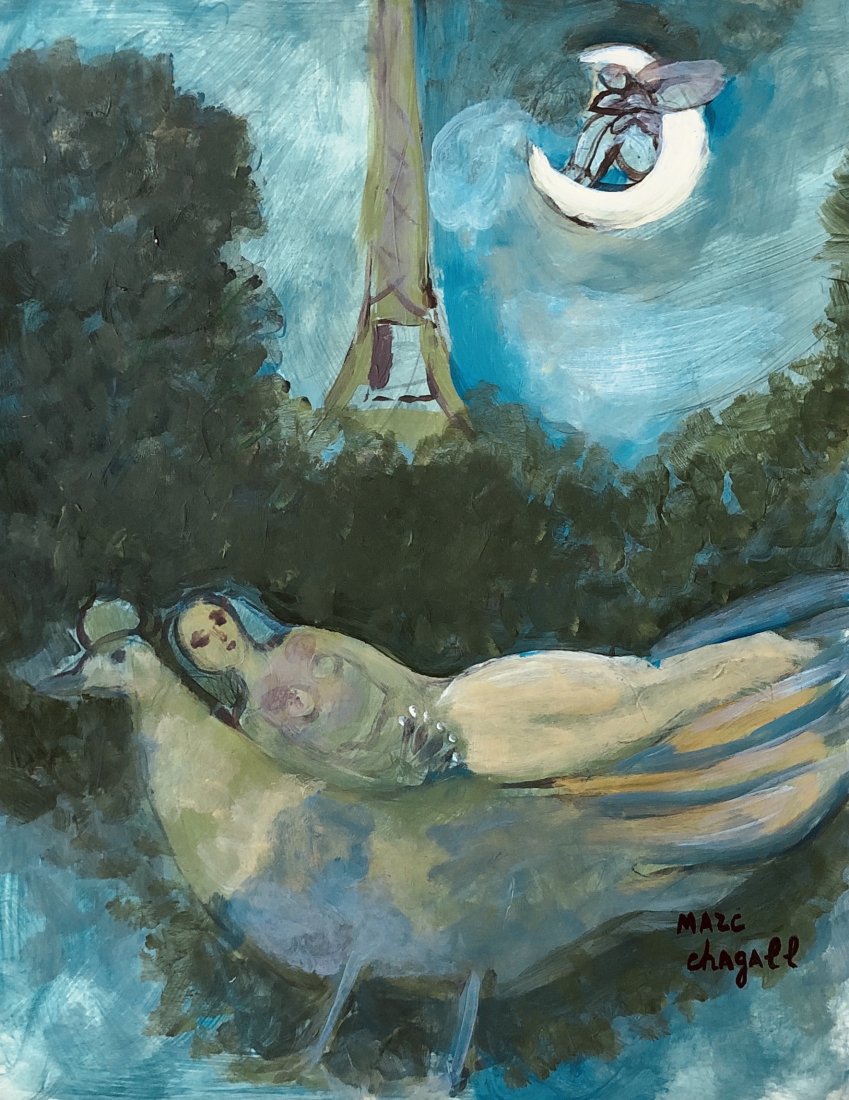 Marc Chagall Russian French Abstract Modernist-Style of: This lot consists of a hand painted mixed media on paper in the style of Marc Chagall. Marc Zakharovich Chagall was a Russian-French artist of Belarusian Jewish origin. An early modernist, he was asso