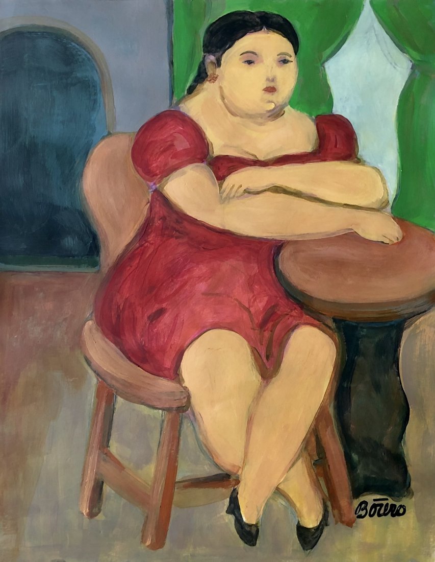 Fernando Botero Drawing Colombian Mixed Media -Style of: This lot consists of a hand painted mixed media on paper in the style of Fernando Botero. The illustration depicts a woman in the popular "boterismo" style which consists of people and figures in larg