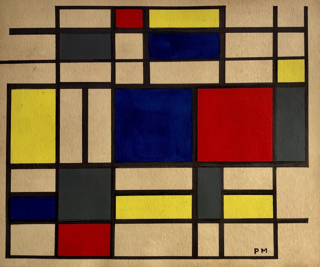 PM Piet Mondrian hand painted Dutch Style of: This lot consists of a hand painted mixed media on paper in the style of Piet Mondrian (American, 1960-1988). This geometric work spans no less than 12\" x 10\" approximately. This work is a demonstra