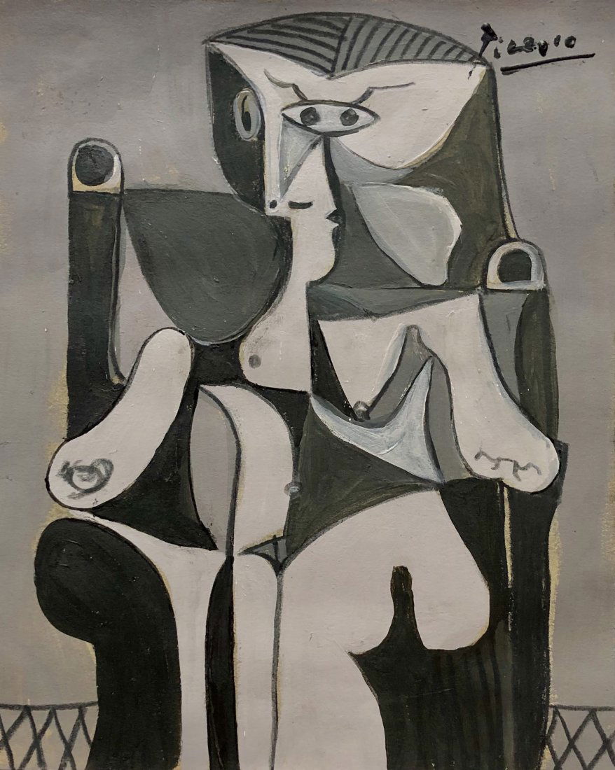 Pablo Picasso Spanish Cubism Abstract Mixed Media Paper: This lot consists of a hand painted mixed media on paper in the style of Pablo Picasso (Spanish, 1881-1973). Picasso was a Spanish painter, sculptor, printmaker, ceramicist, stage designer, poet and p