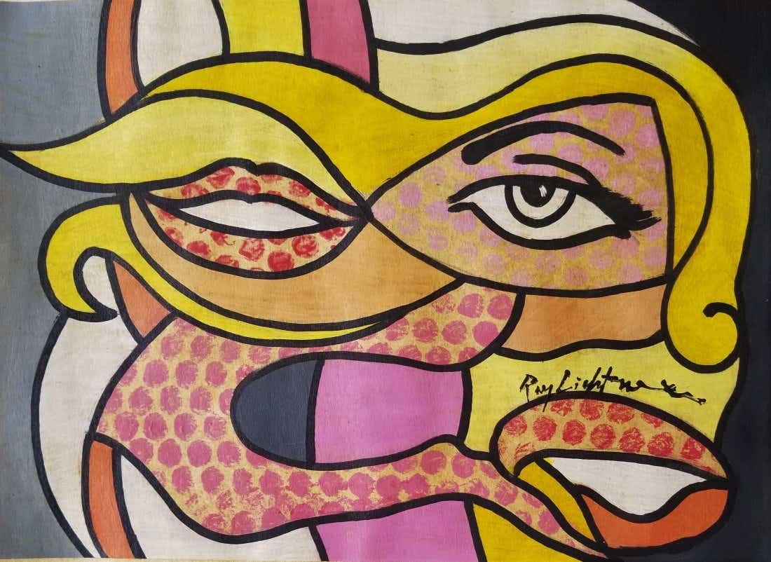 Roy Lichtenstein Mixed Media Abstract Pop American Art: This lot consists of a hand painted mixed media Pop Art Women Abstract portrait in the style of Roy Lichtenstein. It depicts a woman in pop art style as it was standard with this artist. Roy Fox Licht