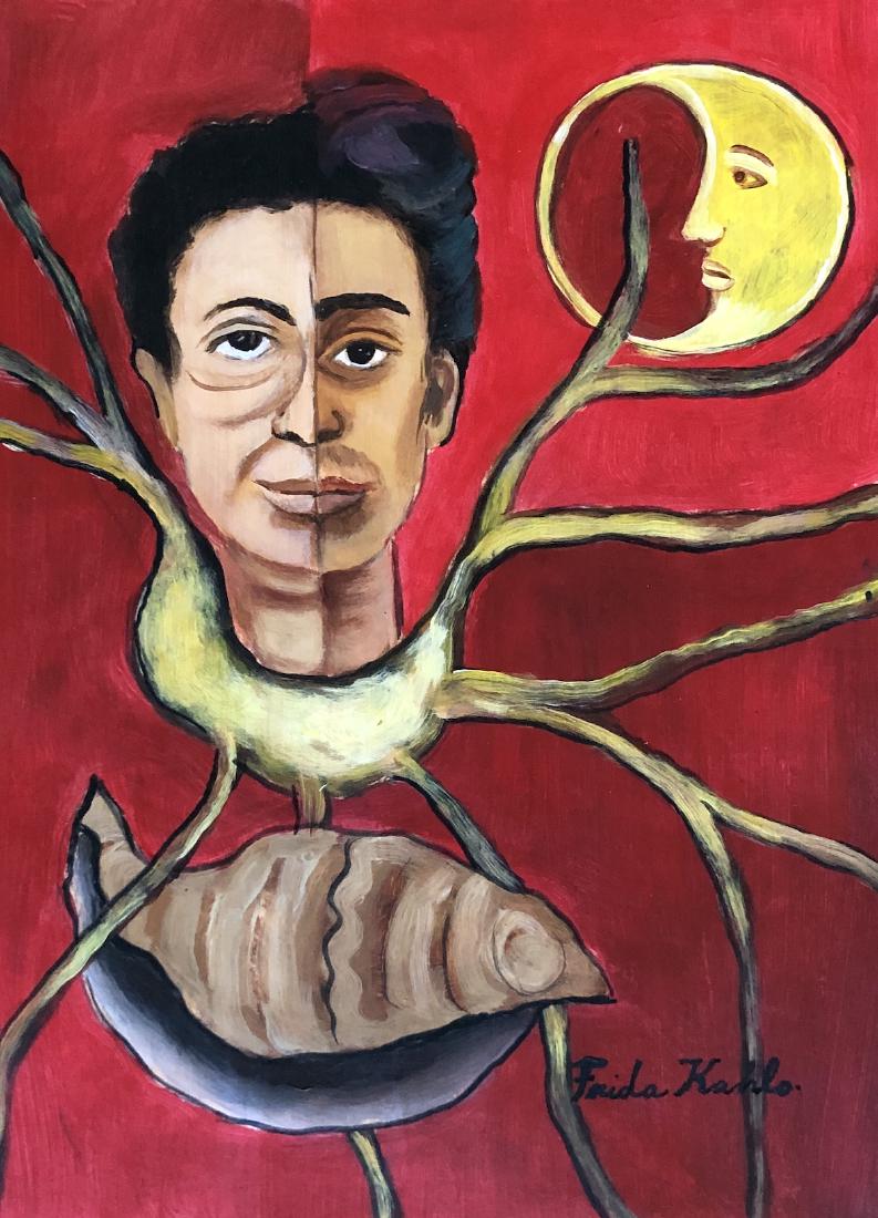 Frida Kahlo hand painted Mexican Art 1907-1950-Style of: This lot consists of a hand painted mixed media on hard paper in the naÃƒÂƒÃ‚Â¯ve folk style of Frida Kahlo. Frida Kahlo de Rivera was a Mexican painter known for her self-portraits. Kahlo\'s