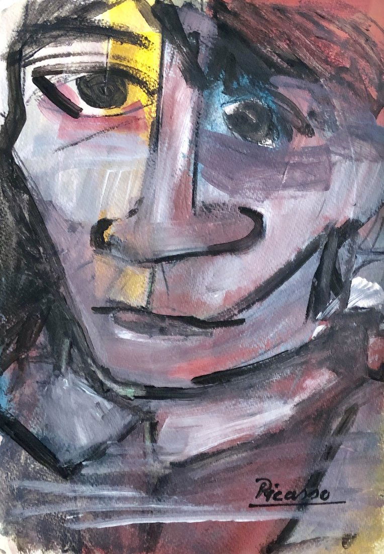 Pablo Picasso Spanish Cubism Abstract Portrait Mixed Me: This lot consists of a hand painted mixed media on paper in the style of Pablo Picasso (Spanish, 1881-1973). Picasso was a Spanish painter, sculptor, printmaker, ceramicist, stage designer, poet and p