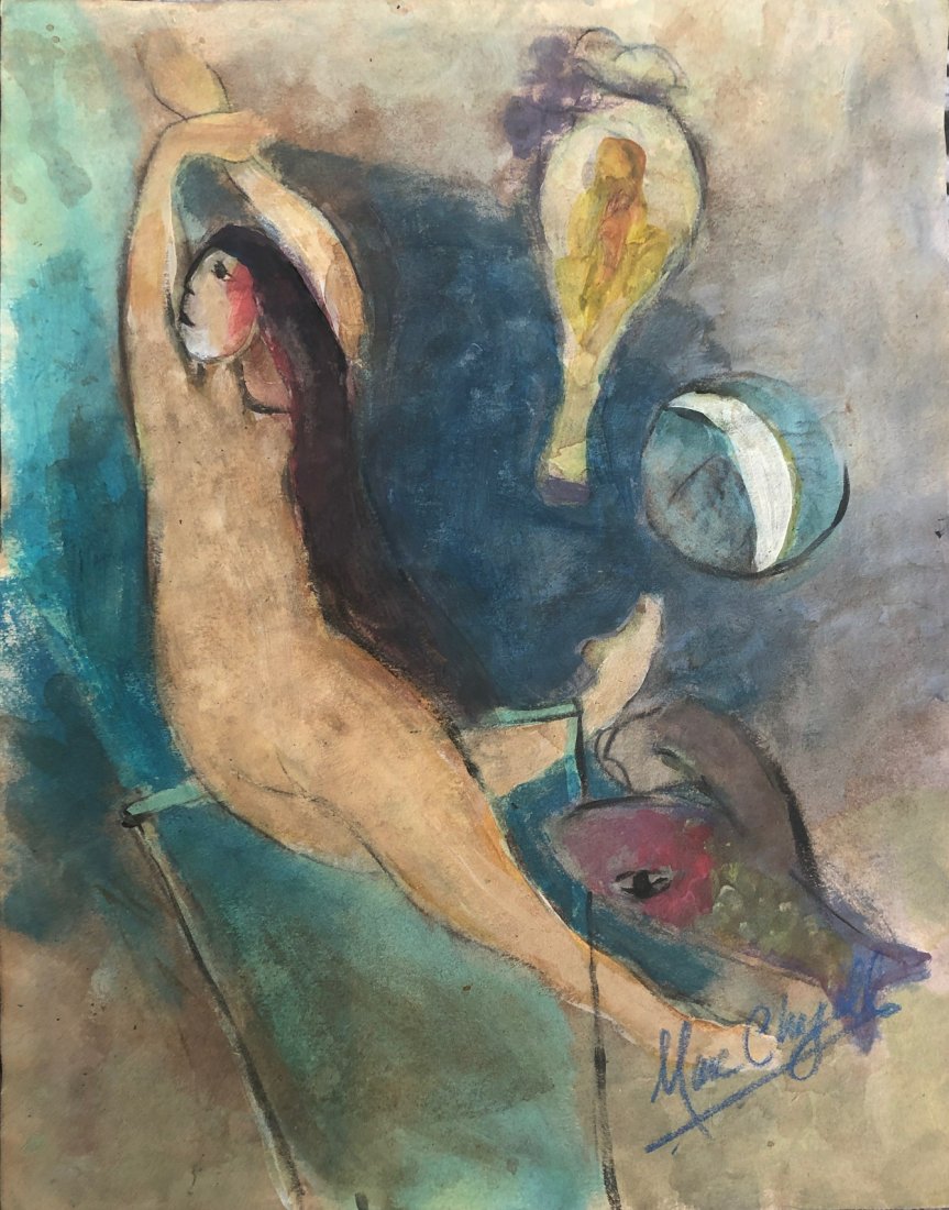 Marc Chagall Drawing Mixed Media Paper French Russian: This lot consists of a hand painted mixed media on paper in the style of Marc Zakharovich Chagall was a Russian-French artist of Belarusian Jewish origin. An early modernist, he was associated with se