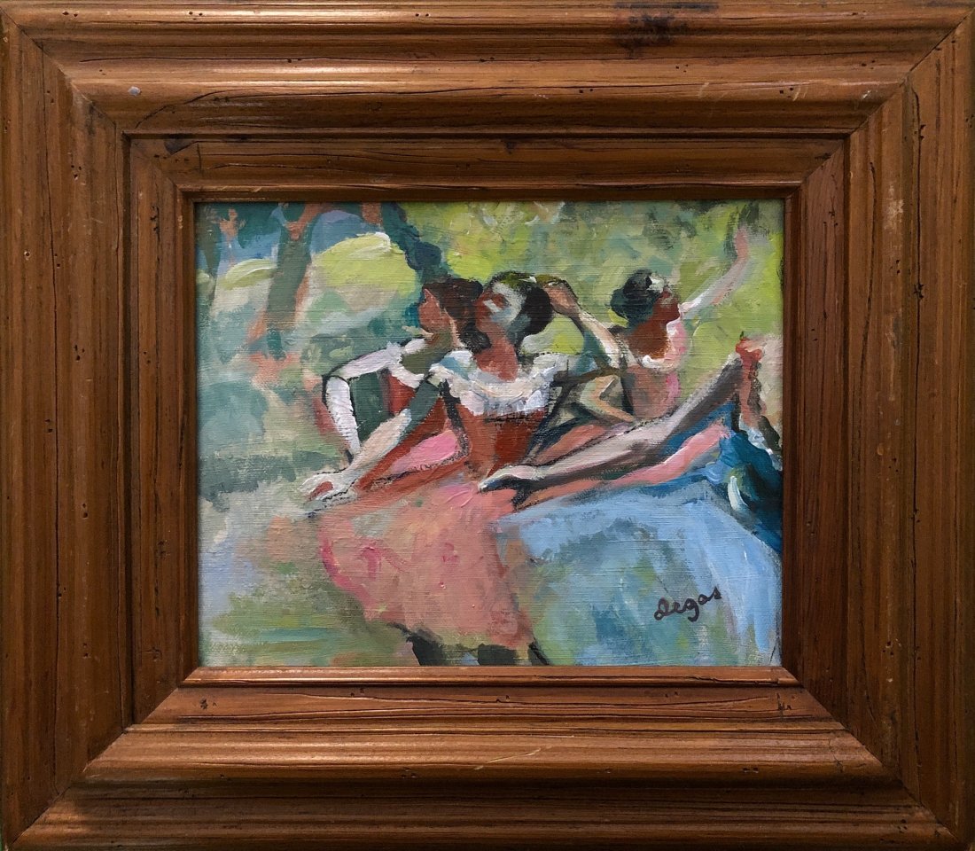 Edgar Degas French Art Dancer (Oil on Canvas) -: This lot consists of a hand painted oil on canvas in the style of Edgar Degas (1834-1917). The painting bears a signature. Edgar Degas was born Hilaire-Germain-Edgar De Gas, was a French artist famous