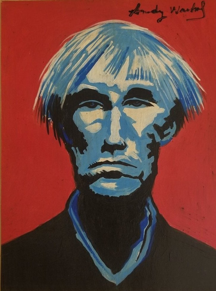 Andy Warhol Pop Art Oil on Paper Self Portrait American: This lot consists of a hand painted self portrait mixed media on paper in the style of Andy Warhol: born Andrew Warhola; August 6, 1928 - February 22, 1987) was an American artist who was a leading fi