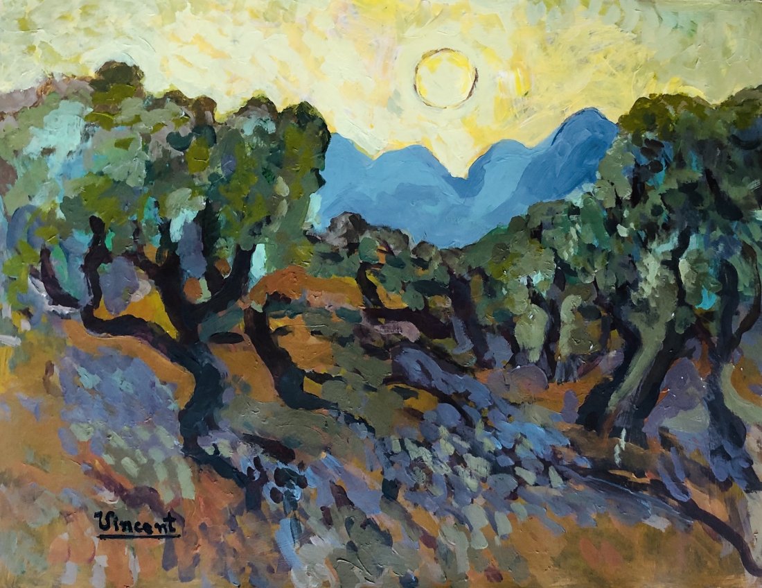 Vincent Van Gogh Dutch Post Impressionist-Oil on Paper: This lot consists of a hand painted mixed media on hard paper landscape. In the style of Vincent Van Gogh (Dutch, 1853-1980). Vincent Willem van Gogh was a Dutch Post-Impressionist painter who is amon