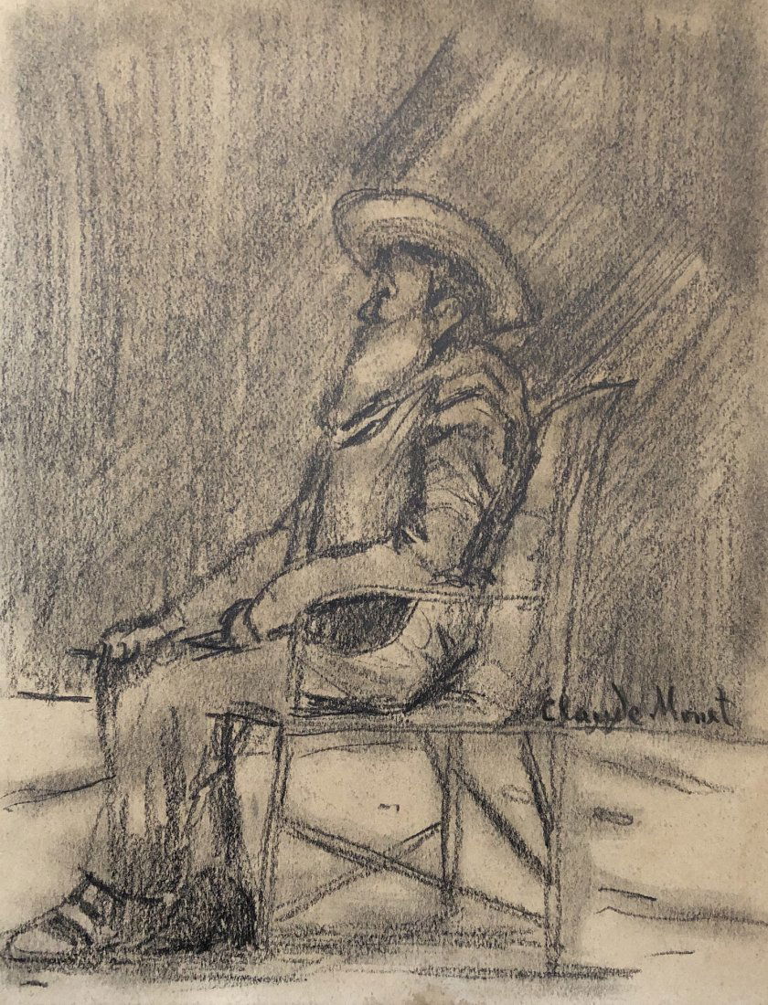 Claude Monet Impressionist French Graphite On Paper: This lot consists of a hand-drawn graphite on hard paper impressionist in the style of Clause Monet. The illustration depicts a man sitting down on a chair. Oscar Clause Monet (14 November 1840 - 5 De