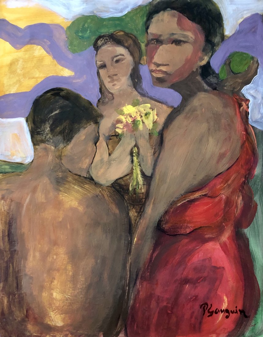 Paul Gauguin French Art (1848-1903) - Oil: This lot consists of a hand-painted oil on hard paper. It depicts a beautiful impressionist painting in Gauguin's distinct style. In the style of: enri Paul Gauguin (7 June 1848 - 8 May 1903) was a Fr