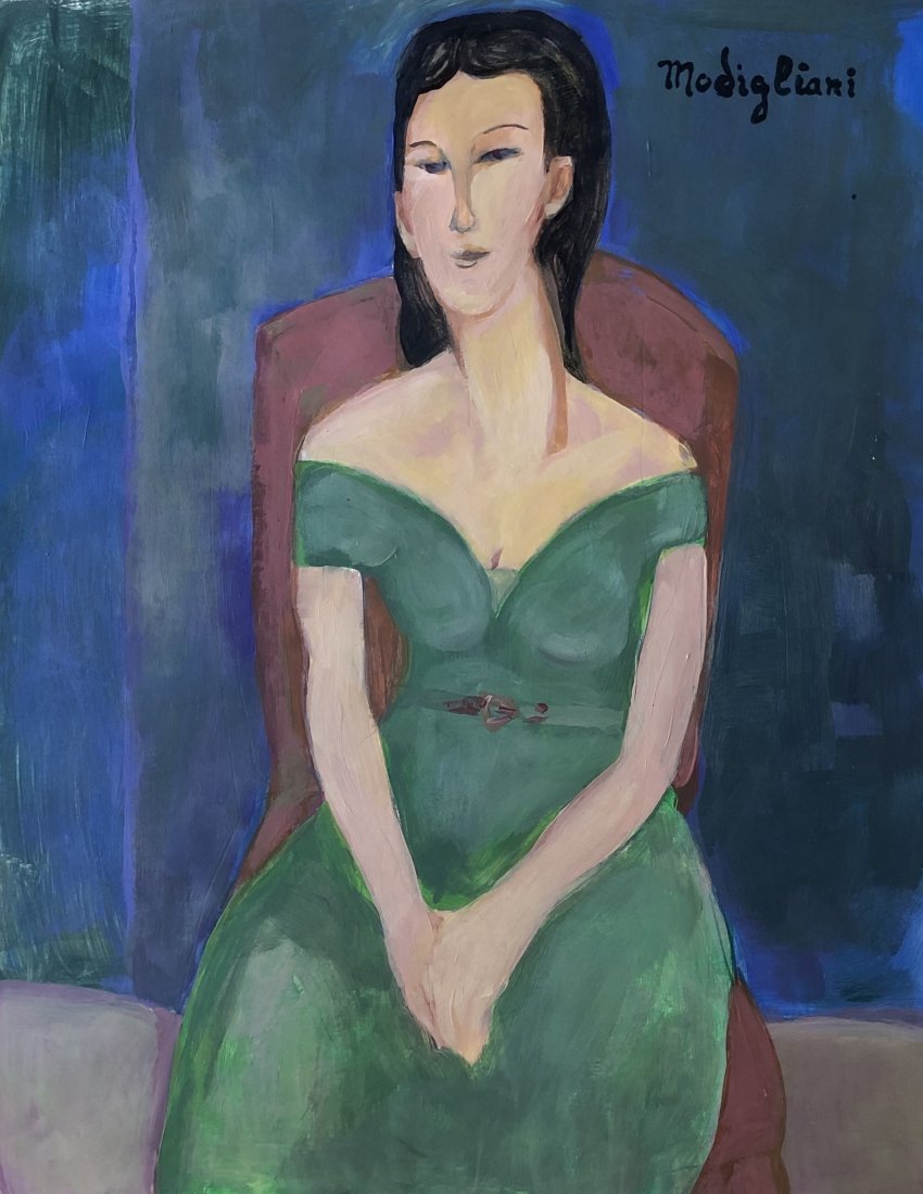 Amedeo Modigliani Expression Woman oil(1884-1920): This lot consists of a hand painted mixed media on paper in the style of Amedeo Modigliani. It is the portrait of a woman. Amadeo Modigliani (July 1884 - 24 January 1920) was an Italian Jewish painter