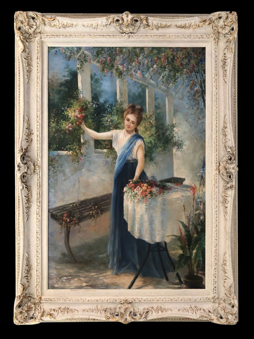 Claude Monet Oil Canvas Women Flowers French Painting: This lot consists of hand painted landscape oil on canvas in the impressionist in the style of Claude Monet. The illustration depicts a landscape of a women in a garden with flowers.Oscar Claude Monet