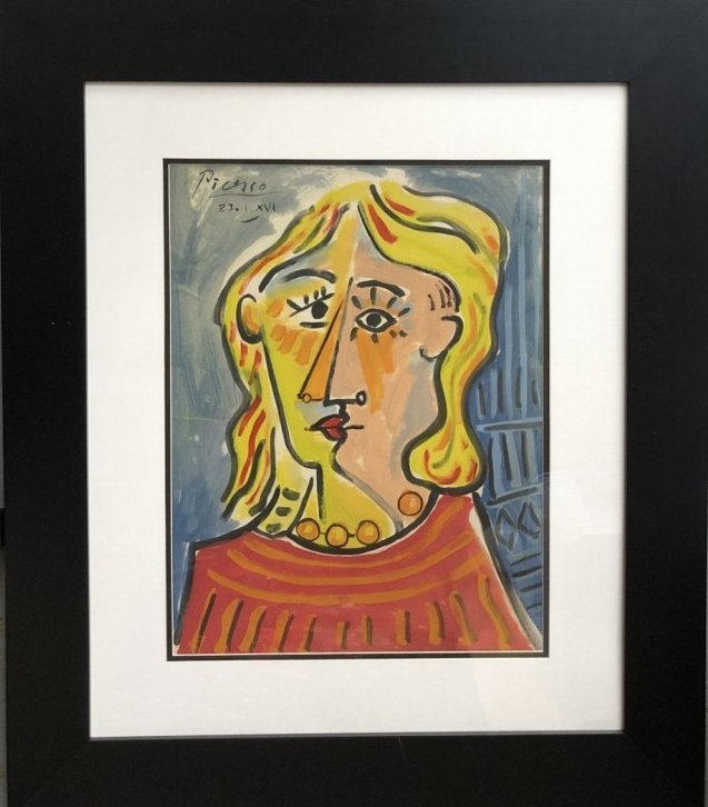 Pablo Picasso Drawing Mixed Media Spanish Cubism Women: This lot consists of a hand painted mixed media on paper in the style of Pablo Picasso. The illustration depicts a figure of a women in the famous cubism period. Pablo Picasso (25 October 1881-8 April