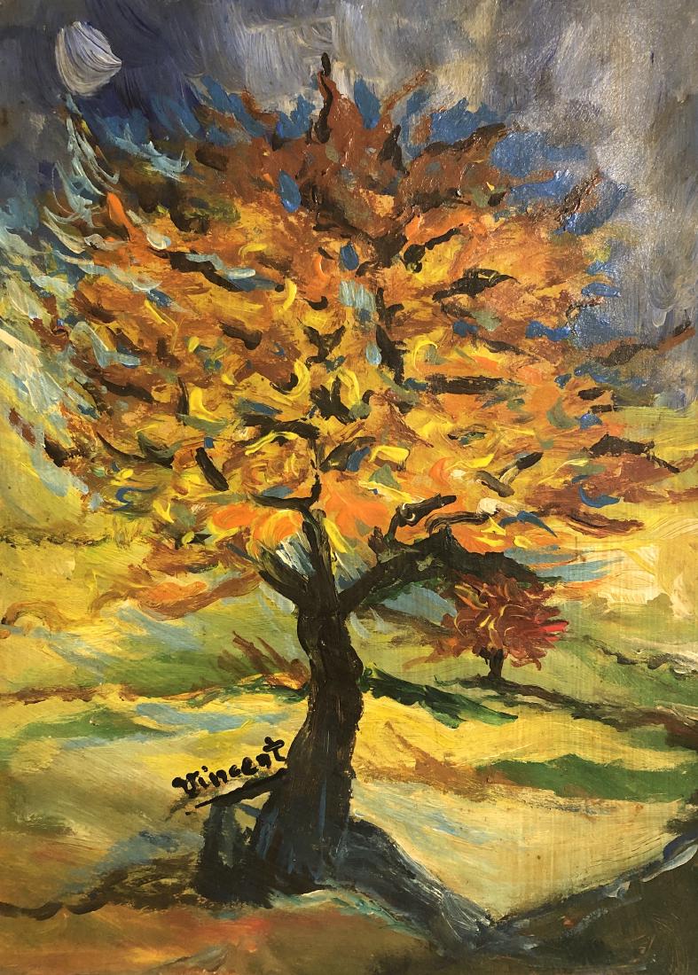 Vincent Van Gogh Oil on Paper Dutch Impressionist: This lot consists of a hand painted oil on hard paper. It depicts a tree in a landscape In the style of Vincent Van Gogh (Dutch, 1853-1980). Vincent Willem van Gogh was a Dutch Post-Impressionist pain