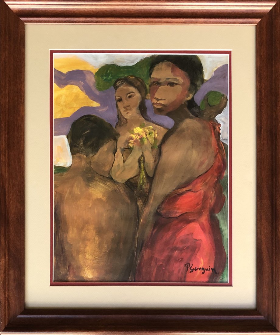 Paul Gauguin French Art (1848-1903) - Oil: This lot consists of a hand-painted oil on hard paper. It depicts a beautiful impressionist painting in Gauguin's distinct style. In the style of: enri Paul Gauguin (7 June 1848 - 8 May 1903) was a Fr