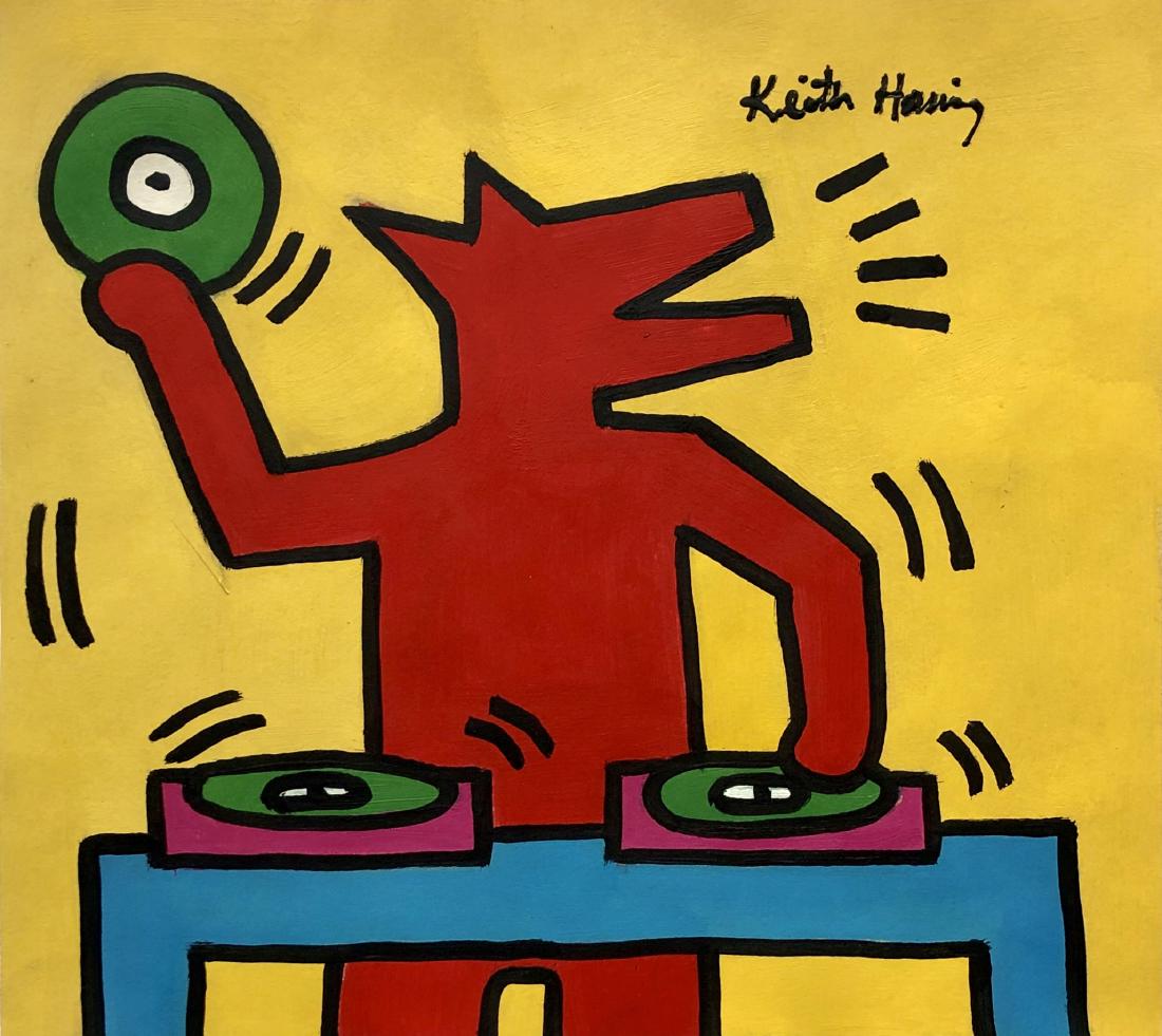 Keith Haring Pop Art American Mixed Media -Style of.: This lot consists of a hand-painted mixed media on paper in the style of Keith Haring (American, 1958-1990). Keith Haring was an American artist and social activist whose work responded to the New Yor