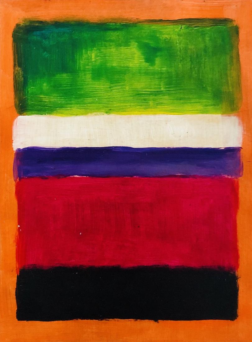 Mark Rothko Abstract Russian American Art (1903 - 1970): This work consists of a hand-painted mixed media on paper over cardboard illustration. Image depicts soft, rectangular forms floating on a stained field of color. This painting is done in the style of
