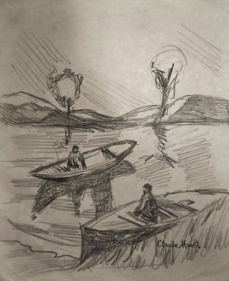 Claude Monet Drawing Landscape Boats Seascape Graphite: This lot consists of a hand-drawn landscape graphite on paper impressionist in the style of Clause Monet. The illustration depicts a landscape with boats. Oscar Clause Monet (14 November 1840 - 5 Dece