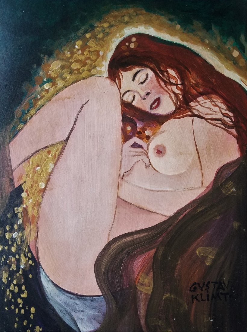 Gustav Klimt hand Painted Austria Mixed media on paper: This lot consists of a hand-painted mixed media on hard paper illustration in the style of Gustav Klimt (Austrian. 1862-1918) was an Austrian symbolist painter and one of the most prominent members of