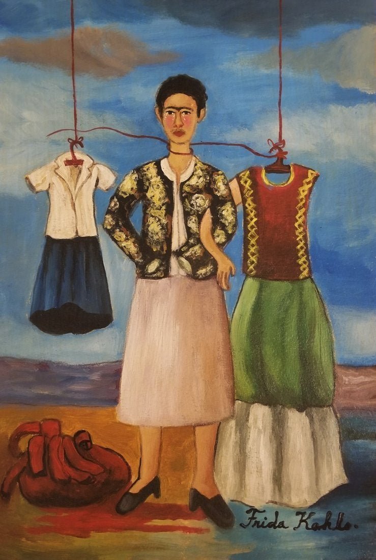 Frida Kahlo hand painted Mexican Art 1907-1950-Style of: This lot consists of a hand painted mixed media on hard paper in the naÃƒÂ¯ve folk style of Frida Kahlo. Frida Kahlo de Rivera was a Mexican painter known for her self-portraits. Kahlo\'s life beg