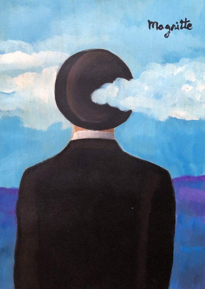 Rene Magritte Belgian Surrealism Man Landscape Pop: This lot consists of a hand-painted surrealism man mixed media on paper in the style of Rene Magritte. Rene Franois Ghislain Magritte (21 November 1898 -15 August 1967) was a Belgian surrealist artist