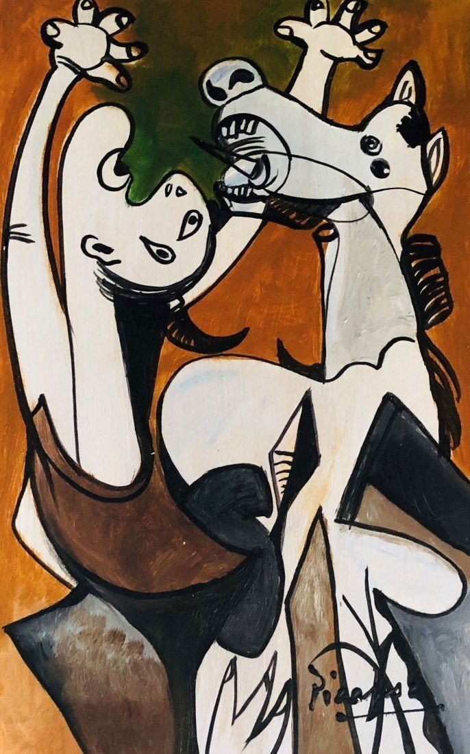 Pablo Picasso Hand Painted Guernica Studio Cubism: This lot consists of a hand painted mixed media on paper in the style of Pablo Picasso (Spanish, 1881-1973). Picasso was a Spanish painter, sculptor, printmaker, ceramicist, stage designer, poet and p