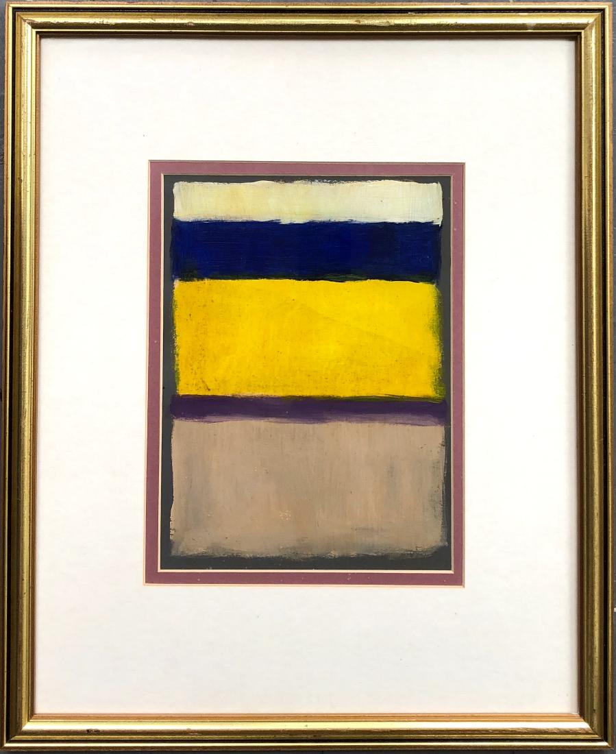 Mark Rothko Hand Painted American Art Expressionist: This work consists of a hand-painted mixed media on paper over cardboard illustration. Image depicts soft, rectangular forms floating on a stained field of color. This painting is done in the style of